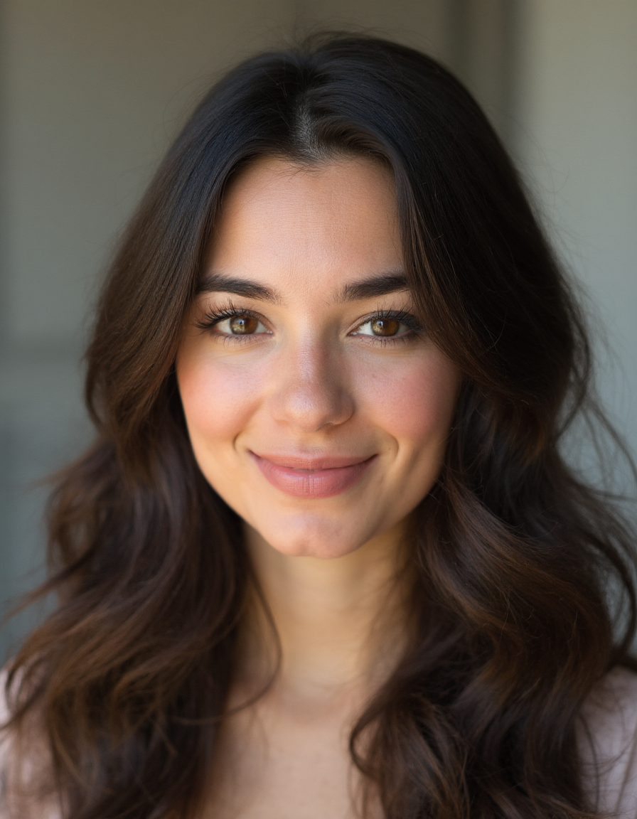 A portrait photo of, early 30s Female of Mixed Ethnicity heritage, Medium with Neutral undertones clear skin, Oval face shape, almond hazel eyes, arched eyebrows, straight nose, full lips, long layers, dark brown, wavy hair, average build, Clean-shaven, with a friendly expression, The chosen demographics reflect OpenAI's diverse and inclusive values while catering to a tech-savvy and educated audience. The mixed ethnicity and neutral undertones represent global inclusivity, important for a brand that operates on a global scale. A professional yet approachable appearance aligns with OpenAI's image of being cutting-edge and accessible., natural skin texture, pores, early 30s Female of Mixed Ethnicity heritage, Medium with Neutral undertones clear skin, Oval face shape, almond hazel eyes, arched eyebrows, straight nose, full lips, long layers, dark brown, wavy hair, average build, Clean-shaven, with a friendly expression, The chosen demographics reflect OpenAI's diverse and inclusive values while catering to a tech-savvy and educated audience. The mixed ethnicity and neutral undertones represent global inclusivity, important for a brand that operates on a global scale. A professional yet approachable appearance aligns with OpenAI's image of being cutting-edge and accessible., natural skin texture, pores