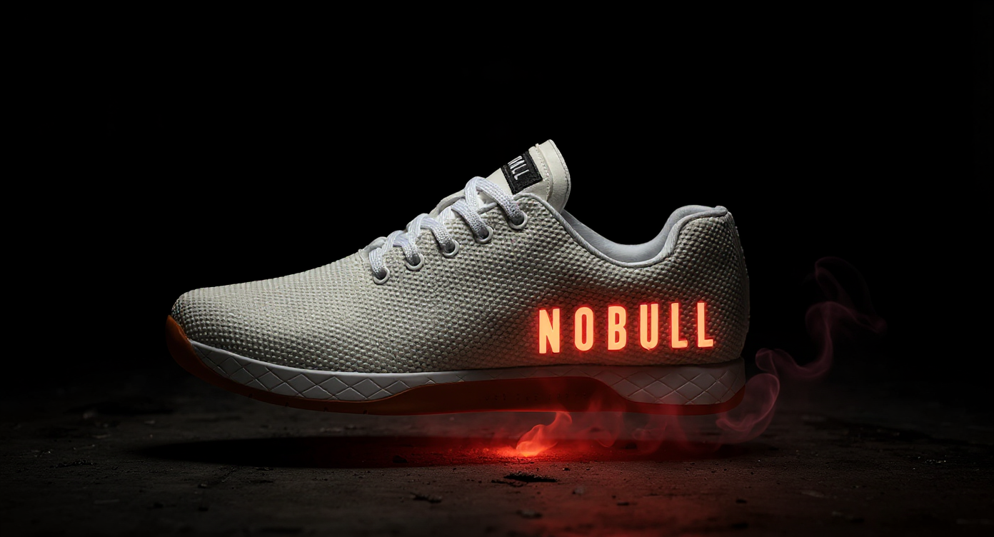 THe shoe is in a dark industrial space the NOBULL logo on the side glows red. the shoe is slightly above the concrete floor and the sole is red hot with smoke wisps coming from the shoe